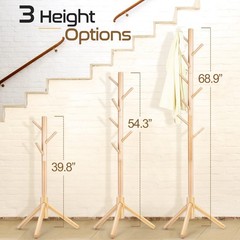 Solid Wooden Coat Rack Freestanding, Zealand Pine Coat Tree with 8 Hooks & 3 Adj