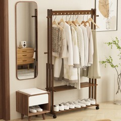 Walnut Wood Rolling Clothing Garment Rack Open Wardrobe f Entryway Bedroom Shop