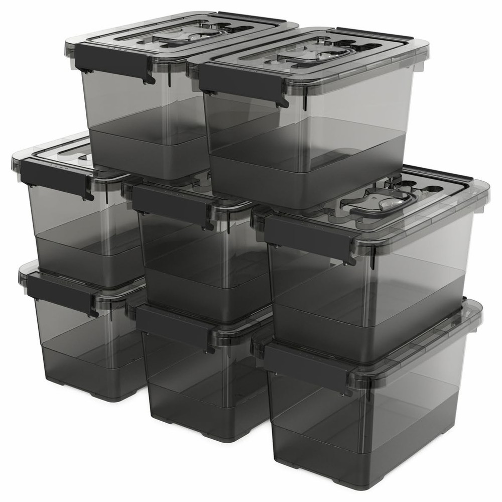 Black Plastic Storage Latch Bins, 8 Pack Clear Plastic Handle Box with Lids a…