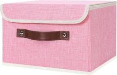 Small Lidded Storage Bin, Cotton Linen with Faux Leather Handle
