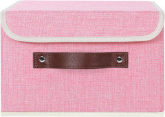 Small Lidded Storage Bin, Cotton Linen with Faux Leather Handle