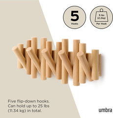 Picket 5 Hooks, Wall-Mounted Rail, Doubles as Art, Beveled Pine Wood Dowels, Nat