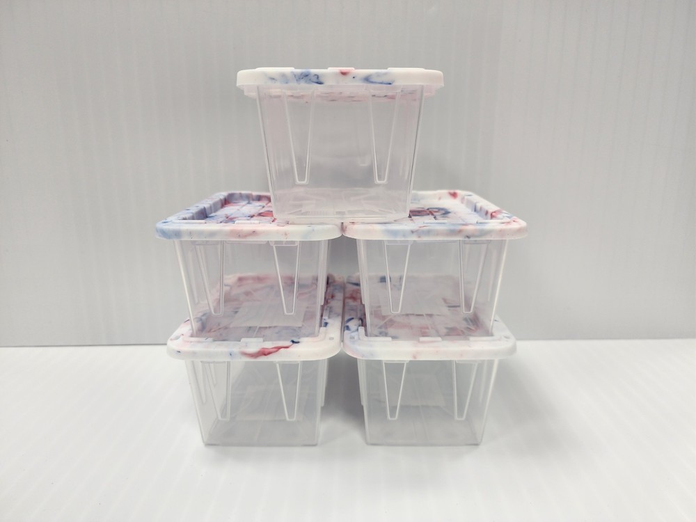 5 x Lowe’s Teeny Tote Mini Plastic Storage Totes New, Clear Tye Dye Lids
