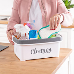 Versatile Large Storage Caddy – Easy Clean Plastic Bin with Foldaway Handle