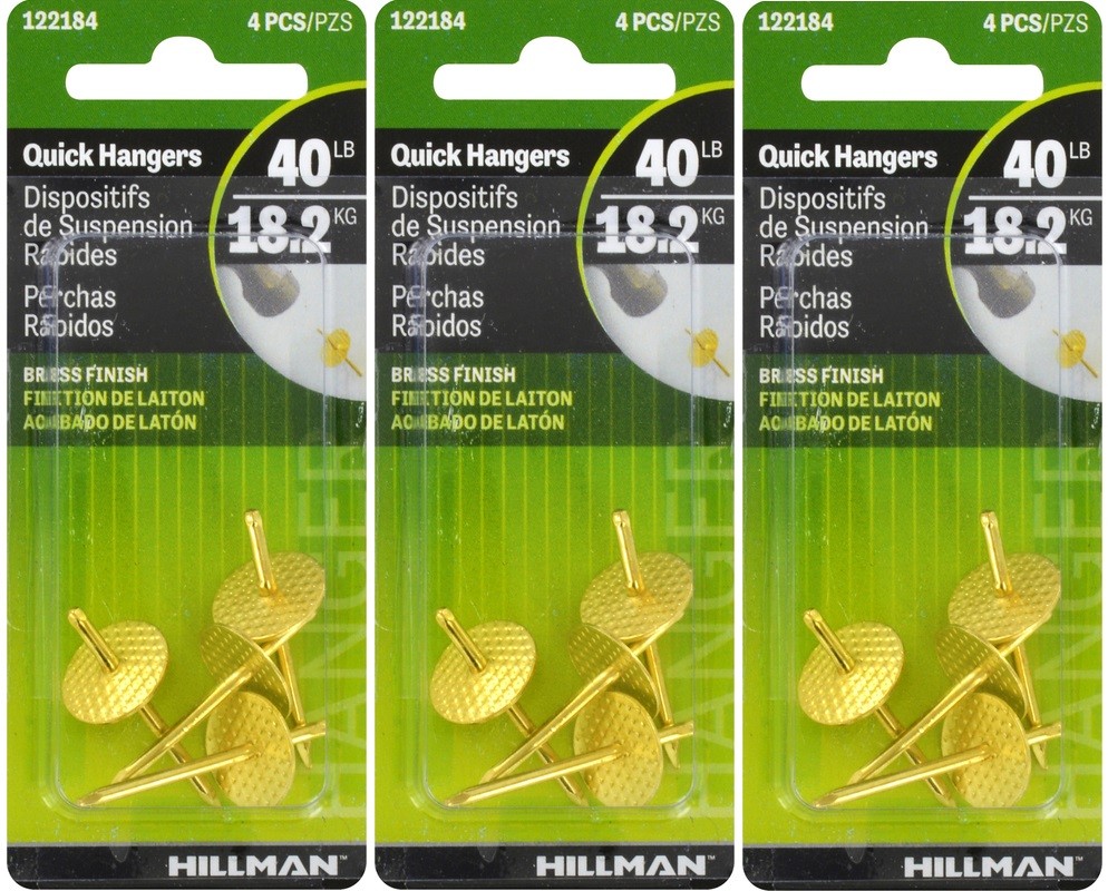 3 Hillman AnchorWire 40 lb. Brass One Piece Quick Wall Hanger Holder 4 pk 122184