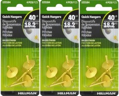 3 Hillman AnchorWire 40 lb. Brass One Piece Quick Wall Hanger Holder 4 pk 122184