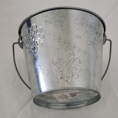 Lot 3 Silver Metal Bucket Pail Handle Tin 4.5 x 5.5″ Embossed Flowers Galvanized