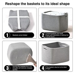 Small Storage Baskets Woven Cotton Rope Shelf Book Bin Grey 12.5×9.1×7.9 4 Pack