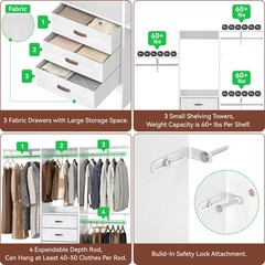 5FT Small Closet System with 3 Fabric Drawers 60 Inches Walk In Closet Organizer