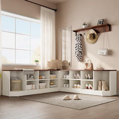L-Shaped Shoe Rack with Bench & Hooks, Corner Storage for Entryway, White/Walnut