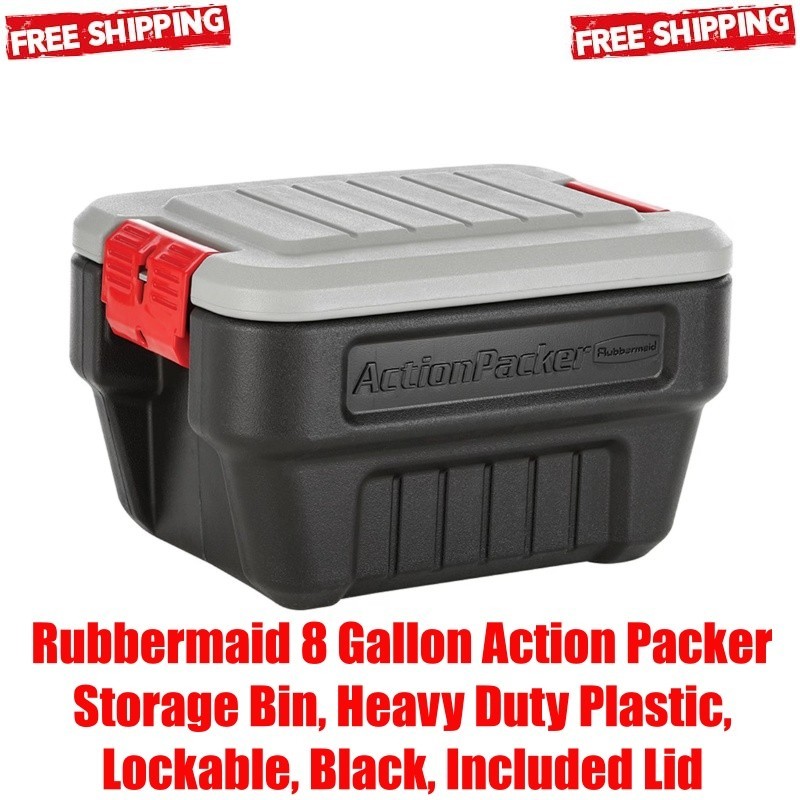 Rubbermaid 8 Gallon Action Packer Storage Bin, Heavy Duty Plastic, Lockable, Lid