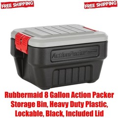 Rubbermaid 8 Gallon Action Packer Storage Bin, Heavy Duty Plastic, Lockable, Lid