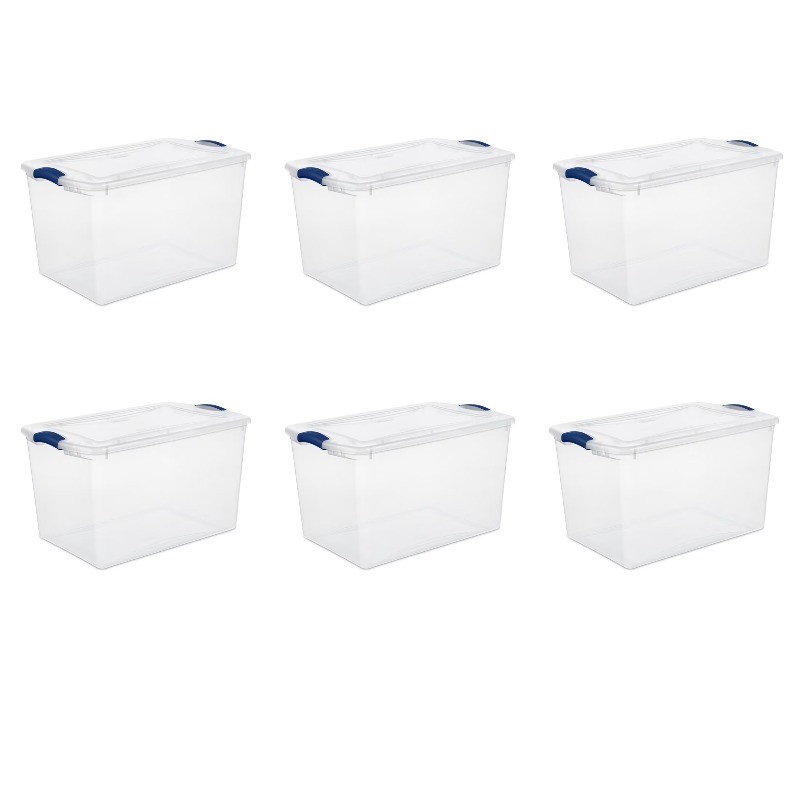 Large Clear Plastic Bin 66 Qt, Latch Lid, Blue, 6 Count