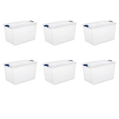 Large Clear Plastic Bin 66 Qt, Latch Lid, Blue, 6 Count