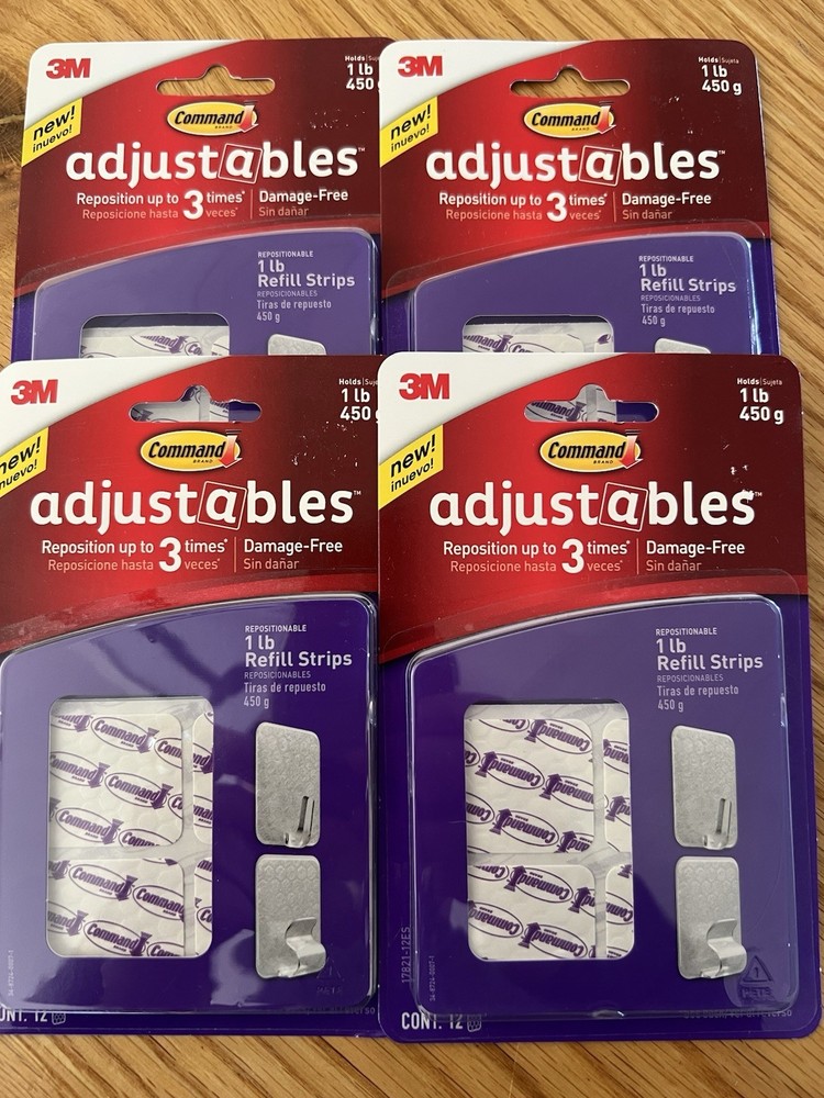 48ct 4 pks of 12 3M Command Adjustable Repositionable Refill Strips / Holds 1 lb