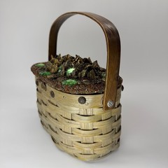 Vintage Jolles Original Woven Basket Gem Flowers Wood Handle