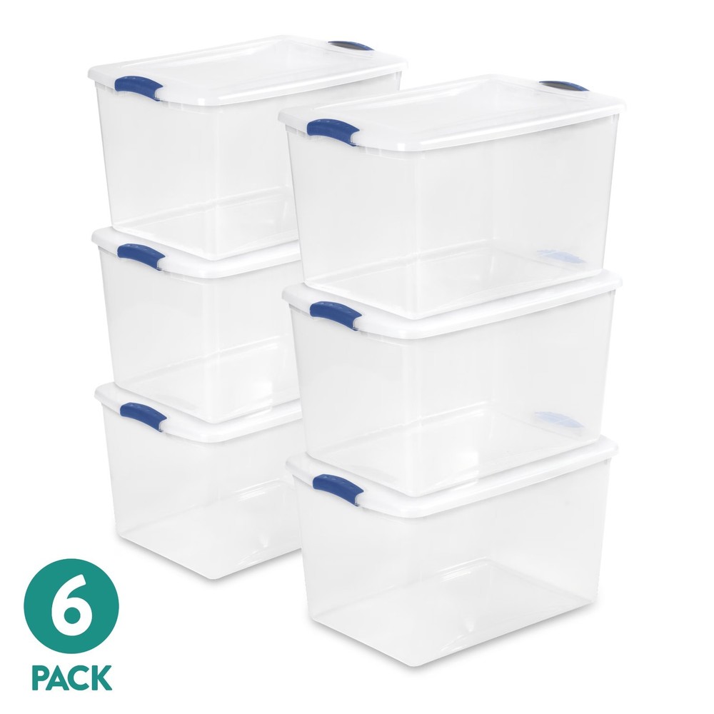 Sterilite 66 Qt Clear Storage Bins 6-Pack Blue Latching Plastic Container Totes