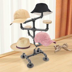4 Tiers Industrial Hat Display Stand Hat Holder Rack with 8 Round Hangers Black