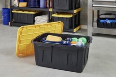 Commander 27 Gallon BlackYellow Plastic Storage Bin Lidded Stackable Tote 2 pack