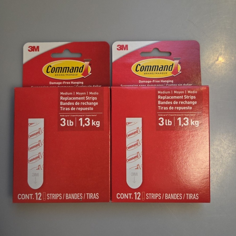 2 Packs of – 3M Command Medium Replacement Adhesive Strips (24 Strips Total) NEW