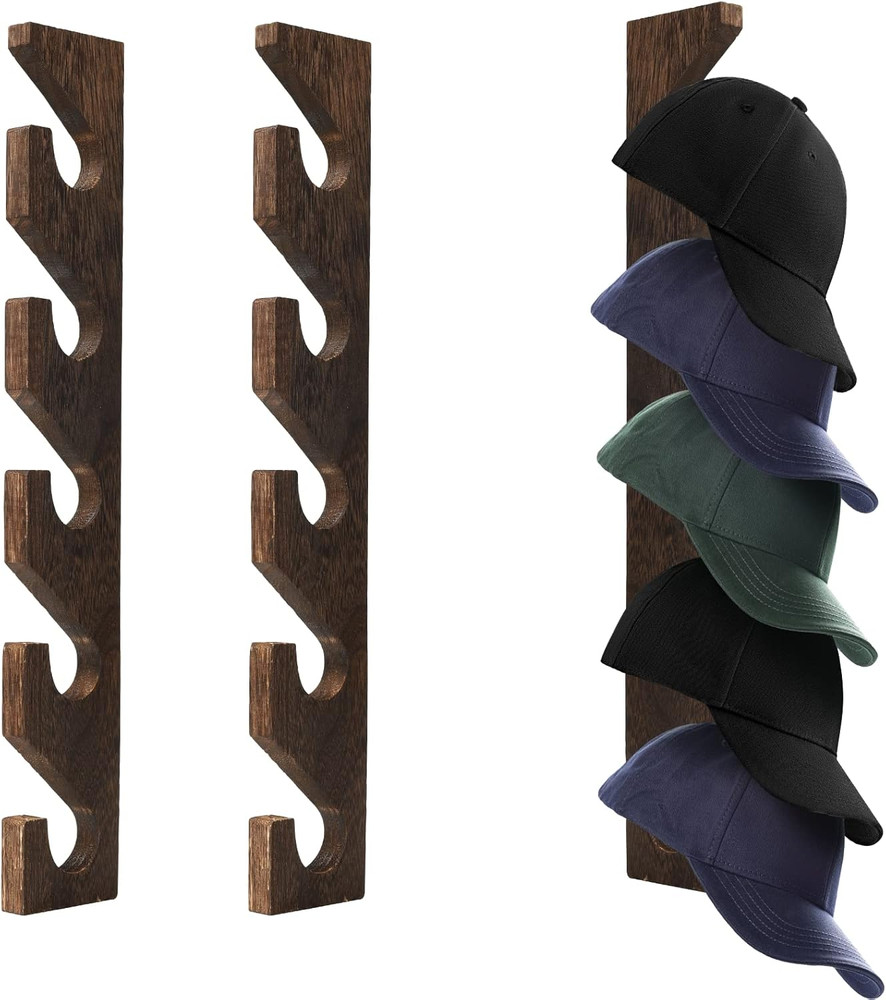 2PCS Wall Mounted Hat Rack for Baseball Caps – Vertical Organizer Brown-4pack