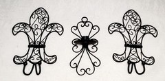 Set of 2 Black Metal Iron Fleur de Lis Wall Hooks & 1 Candle Holder Scroll Vtg