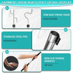 Clothes Hook Pole for Closet,32 to 80In Truck Cargo Recovery Bar Long Handle …
