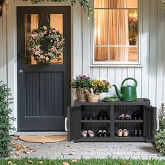 Shoe Storage Cabinet Waterproof UV-Resistant Bench Indoor Outdoor Modern Black