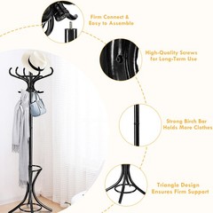 Wood Standing Hat Coat Jacket Bag Hanger with Umbrella Stand & 12 Hooks Black