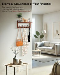 17 Inch Wooden Coat Rack Wall Mount Shelf 5 Metal Hooks Hanging Retro Walnut