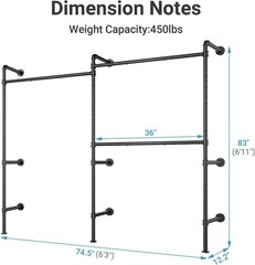Industrial Pipe Clothes Rack Wall Mounted Open Closet System with 3 Hanging Rods