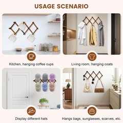 Expandable Wood Accordion Wall Rack with 10 Hooks in Antique Walnut Finish