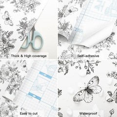 Micpolo Floral and Butterfly Self Adhesive 17.7″W x 78″L, Black White