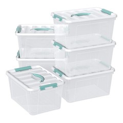 Kekow 14 Quart Latching Storage Box, Stackable Bin with Green Latch Lid, 6 Pack
