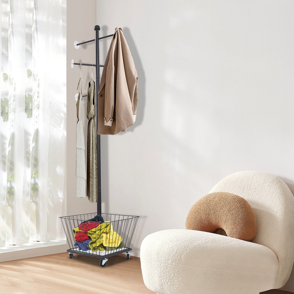 Movable Clothing Rack, 15.7*66in Metal Coat Rack Tree With Storage Basket & Rods