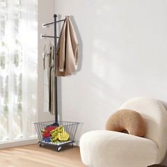 Movable Clothing Rack, 15.7*66in Metal Coat Rack Tree With Storage Basket & Rods