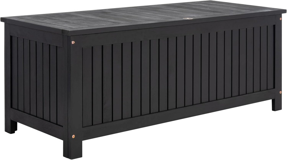 SAFAVIEH Outdoor – Abri Cushion Storage Box – Black Solid Wood – Coastal Resort