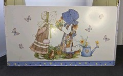 Vintage Holly Hobbie Metal Tin Storage Caddy Totes Wooden Handle 1970s Organizer