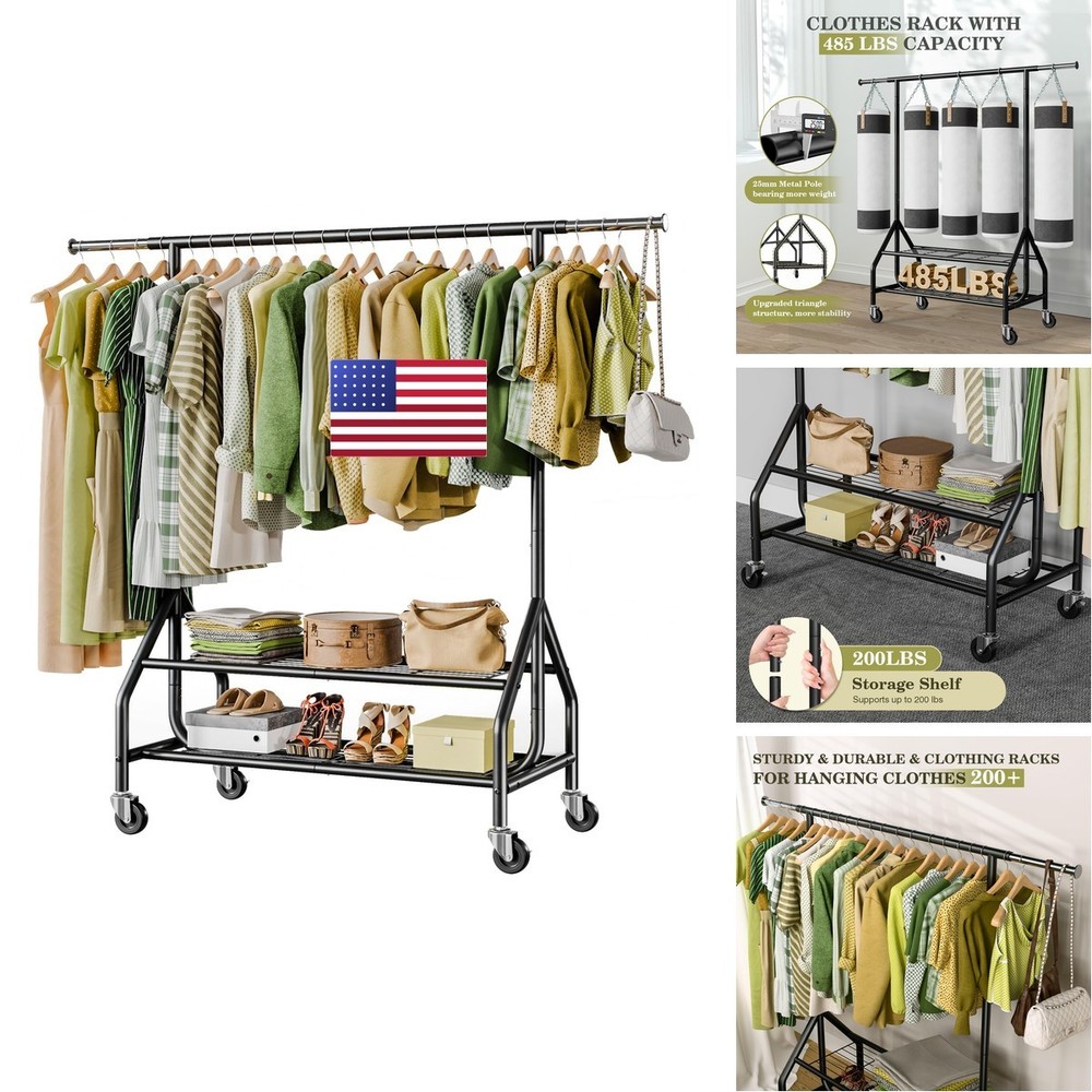Holiwei Clothes Rack 2 Heavy Duty Garment Rack Load 450 Lbs Standing Rolling