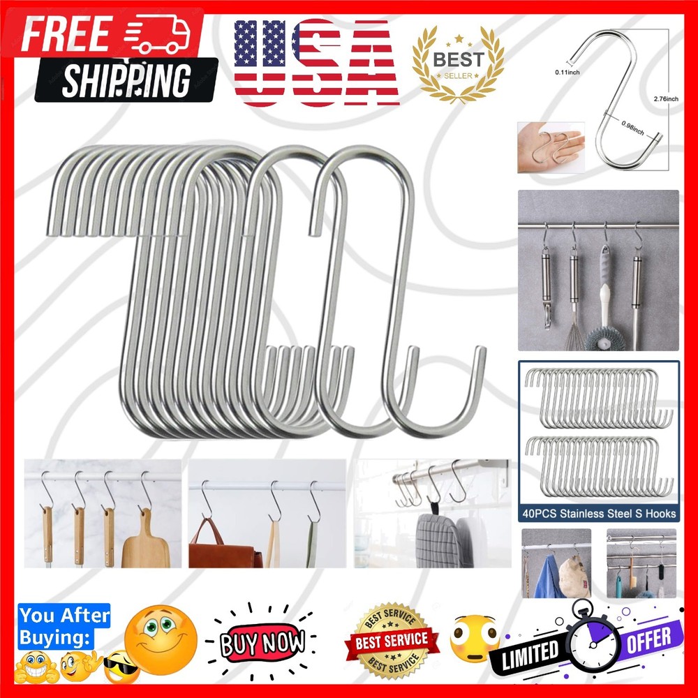 40 Pack S Hooks – Stainless Steel Heavy Duty S Hooks for Hanging Pots, Pans, Pla