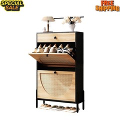 NEW Shoe Cabinet 2 Flip Drawers Slim Entryway Storage Organizer Black Rattan