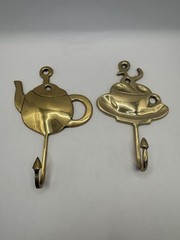 Pair Teapot & Tea Cup Brass Wall Hooks Kitchen Towel CottageCore English Country