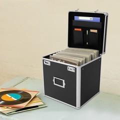 Vinyl Record Storage Case Aluminium Waterproof Holds 50 LPs, 12″ Sleeves Black