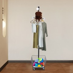 Movable Clothing Rack, 15.7*66in Metal Coat Rack Tree With Storage Basket & Rods