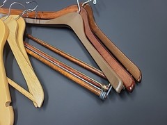 Lot – 9 Vintage Wooden & Plastic Suit Hangers – Dark Cherry & Maple Tones