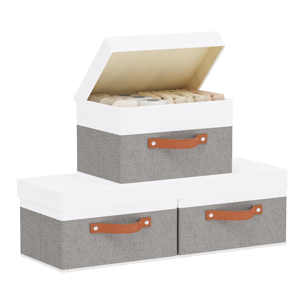 3 PCS Foldable Lidded Storage Baskets Closet Organizer Boxes 13×9.1×7.9 In