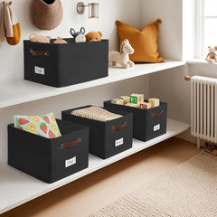 Large Black Fabric Storage Bins with Labels & Handles – 4 Pack