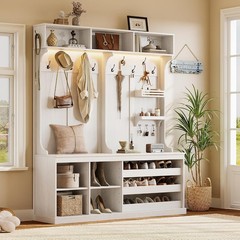 70“ Large Hall Tree W/ Bench & Adjustable Storage Shelves 6-in-1 Farmhouse