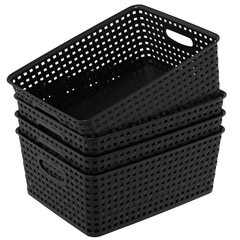 4 Packs Woven Plastic Storage Baskets, Plastic Basets Medium, Black