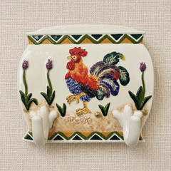 Ceramic Rooster Wall-Mounted Decorative Hook Rack, 2 Hooks, Glossy Multicolor
